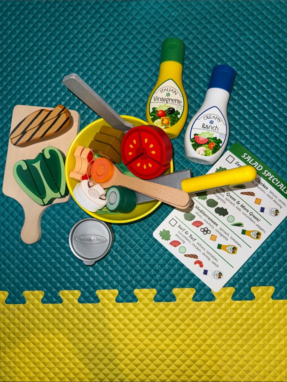 Wooden Play Salad Set with Dressing Bottles